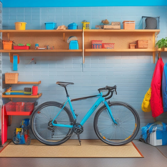 A clutter-free garage with a slatwall featuring hooks, bins, and a pegboard, surrounded by a organized workbench, labeled storage bins, and a sleek bike lift against a neutral-colored background.