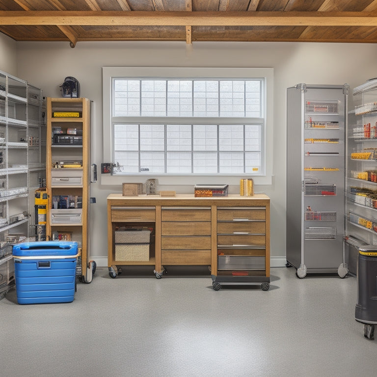 A clutter-free garage with a sleek, silver toolbox in the center, surrounded by a tablet and smartphone displaying digital invoices and schedules, amidst a subtle background of organized shelves and tool racks.