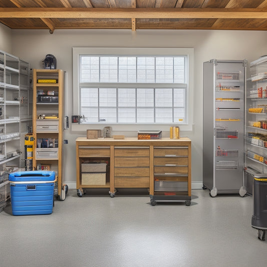 A clutter-free garage with a sleek, silver toolbox in the center, surrounded by a tablet and smartphone displaying digital invoices and schedules, amidst a subtle background of organized shelves and tool racks.