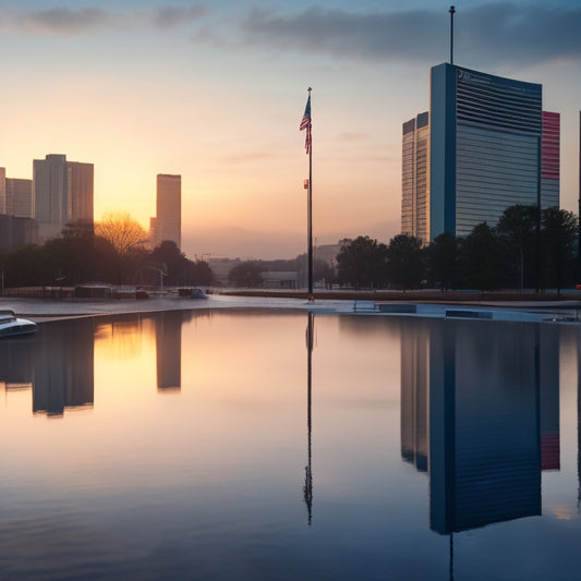 A serene, flooded cityscape at dawn, with a prominent hotel in the foreground, its parking lot filled with FEMA trucks and personnel, amidst a subtle American flag pattern in the sky.