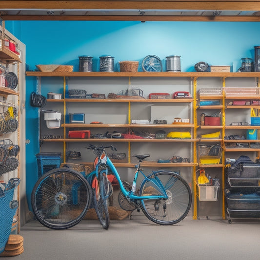 A cluttered small garage with bikes, tools, and storage bins scattered chaotically, contrasted with a clean and organized garage with sleek, wall-mounted shelves, labeled bins, and a few well-placed hooks.