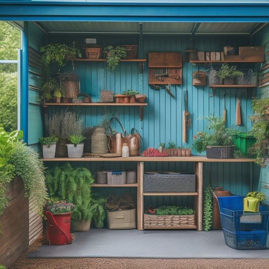 A stylized, well-organized gardening shed with a pegboard displaying neatly hung gardening tools, baskets of sorted seeds, and labeled bins stacked on shelves, surrounded by lush greenery.