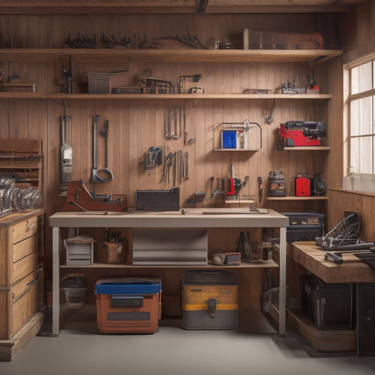 A well-organized garage with wooden storage shelves, featuring various tools and equipment, including a table saw, drill press, and baskets, amidst a clean and clutter-free background.