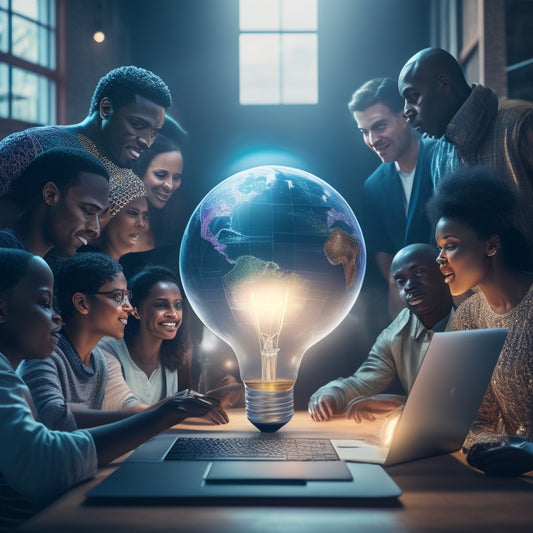 An illustration of a globe with a laptop and a lightbulb above it, surrounded by diverse people of different ages and abilities, with subtle glow and gradient effects to convey accessibility and empowerment.