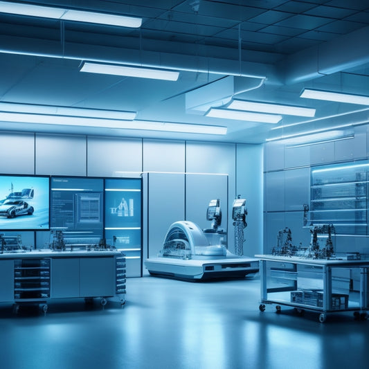A futuristic laboratory with sleek, silver workstations and minimalist lighting, featuring a large, transparent holographic display projecting a 3D car engine, surrounded by robotic arms and wires.