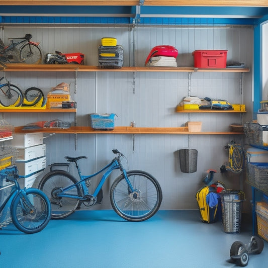 A clutter-free garage with organized shelving units, labeled bins, and a slatwall with hooks, showcasing a sleek and modern motorcycle, a few bicycles, and a neatly coiled hose.