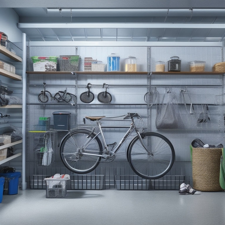 A tidy garage with sleek, silver shelving units, labeled bins, and a slatwall with hooks, showcasing a hanging bike, tools, and baskets, surrounded by a polished concrete floor and bright LED lighting.