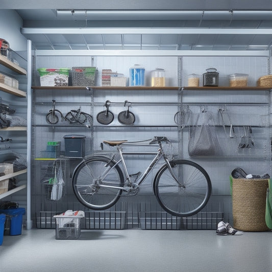 A tidy garage with sleek, silver shelving units, labeled bins, and a slatwall with hooks, showcasing a hanging bike, tools, and baskets, surrounded by a polished concrete floor and bright LED lighting.
