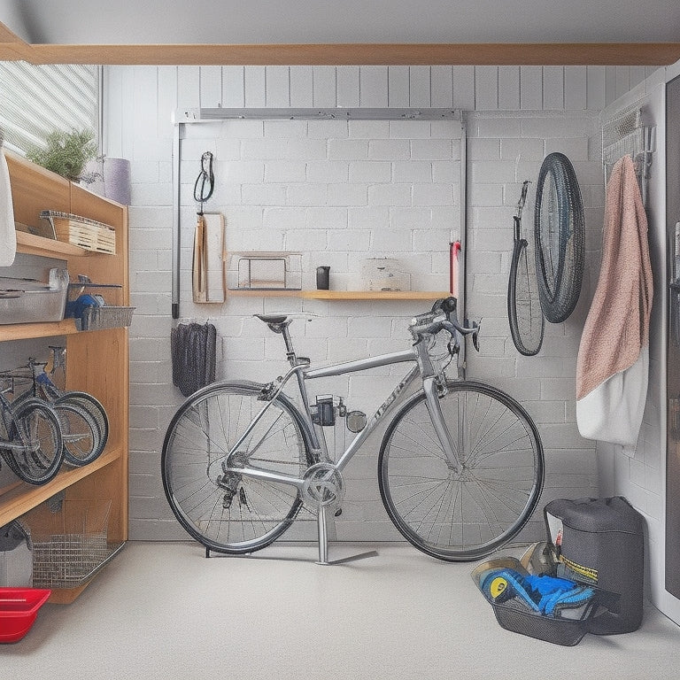 A well-organized garage with a sleek, silver bike storage system featuring vertical hooks, a wall-mounted rack, and a floor-to-ceiling pole, surrounded by neatly arranged tools and accessories.