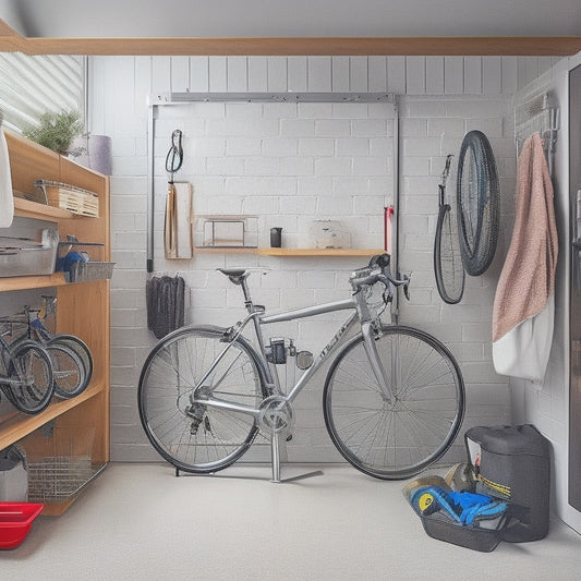 A well-organized garage with a sleek, silver bike storage system featuring vertical hooks, a wall-mounted rack, and a floor-to-ceiling pole, surrounded by neatly arranged tools and accessories.