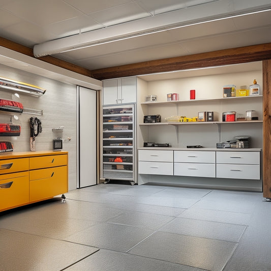 A bright, organized garage with sleek cabinets, a slatwall, and a polished epoxy floor, featuring a few strategically placed tools and a sole, shiny car parked in the center.