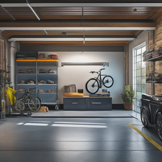 A modern, well-lit, spacious garage with epoxy-coated floors, wooden cabinets, and sleek metal shelving, featuring a sports car, bicycle, and various storage bins and hooks.