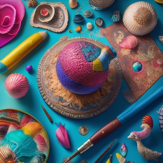 A vibrant, whimsical illustration of a journal surrounded by eclectic, colorful objects: paintbrushes, feathers, seashells, and a miniature globe, with swirling, abstract patterns in the background.