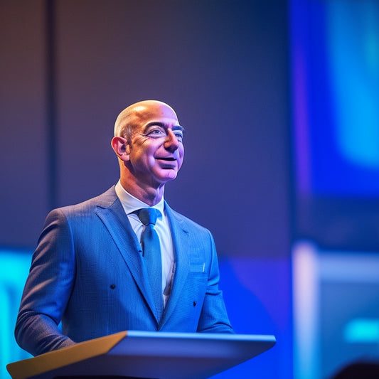 A photograph of Jeff Bezos standing confidently at a podium, microphone in hand, with a subtle smile, against a blurred background of a crowded auditorium with soft, golden lighting.