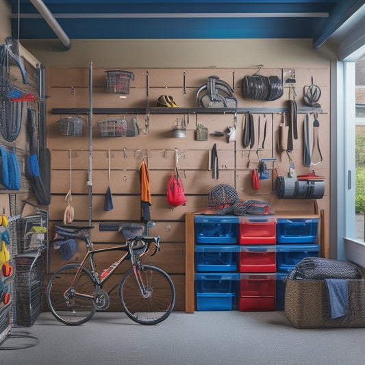 A cluttered garage with seasonal fitness gear strewn about, transformed into an organized space with labeled bins, hooks, and a pegboard, featuring a prominently displayed road bike and yoga mat.