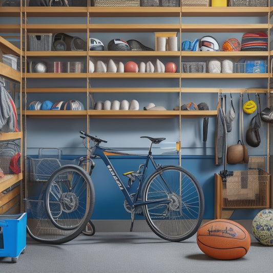 A well-organized garage with a slatwall featuring hooks, bins, and baskets storing various sports equipment, including bicycles, helmets, balls, and rackets, with a clean and clutter-free floor.