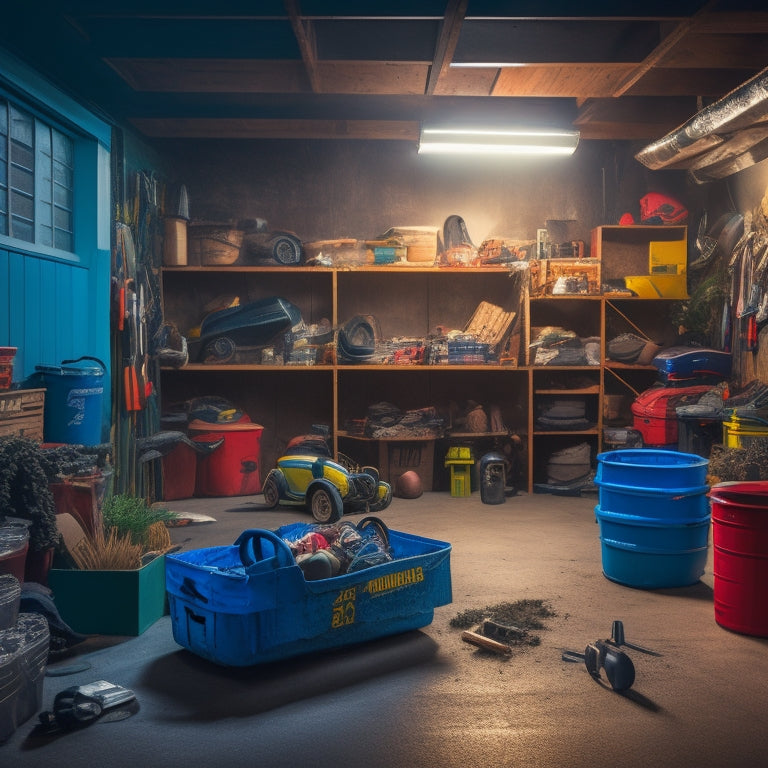 A dimly lit, cramped garage with a cluttered floor, tools and sports equipment scattered everywhere, a lawn mower and gardening tools buried beneath piles of boxes and forgotten items.