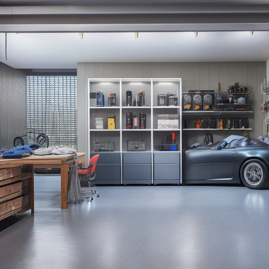 A clutter-free garage with a sleek, silver wall control system featuring rows of hooks, bins, and shelves, surrounded by a few organized tools and a shiny, black sports car in the background.