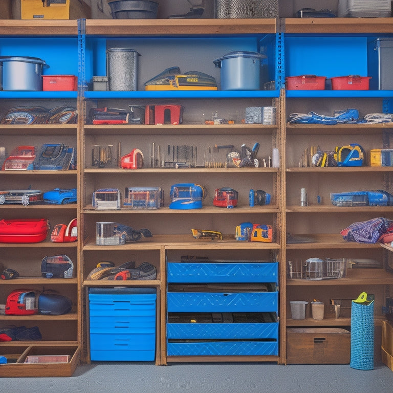 An organizational garage with a shelving unit featuring drawers of varying sizes, some open to reveal tools and storage bins, others locked with visible padlocks or digital locks, amidst a clutter-free background.