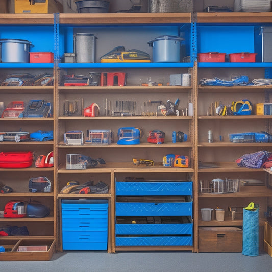 An organizational garage with a shelving unit featuring drawers of varying sizes, some open to reveal tools and storage bins, others locked with visible padlocks or digital locks, amidst a clutter-free background.