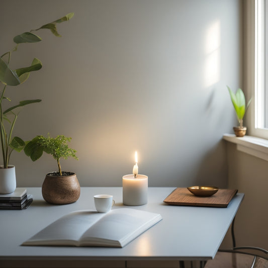 A serene, minimalist room with a few carefully placed objects: a single candle, a small potted plant, and a closed laptop on a clutter-free desk, surrounded by calm, creamy walls and soft natural light.