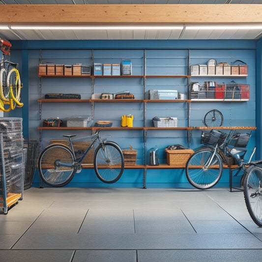 A clutter-free garage with a sleek, silver slatwall system, sturdy shelving units, and a few well-organized bins, baskets, and hooks, surrounded by a few bicycles, tools, and a neatly parked car.