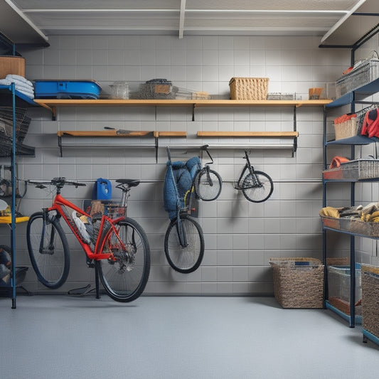 A well-organized garage interior with sleek, powder-coated metal shelving units, adjustable baskets, and hooks, surrounded by neatly stored tools, bikes, and storage bins, with a bright, airy atmosphere.