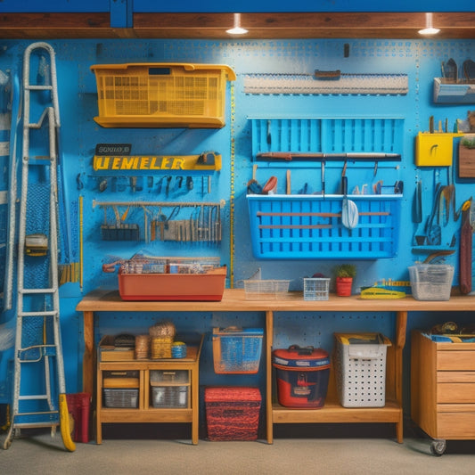 A clutter-free garage with a pegboard covered in neatly hung tools, a labeled storage bin system, a workbench with a vice, and a slatwall with baskets and hooks.