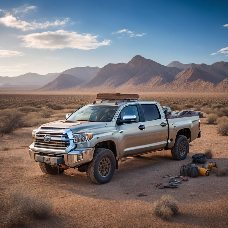 A rugged, silver Toyota Tundra truck parked in a desert landscape, with a blurred out mountain range in the background, surrounded by scattered tools, manuals, and a few scattered wrenches.