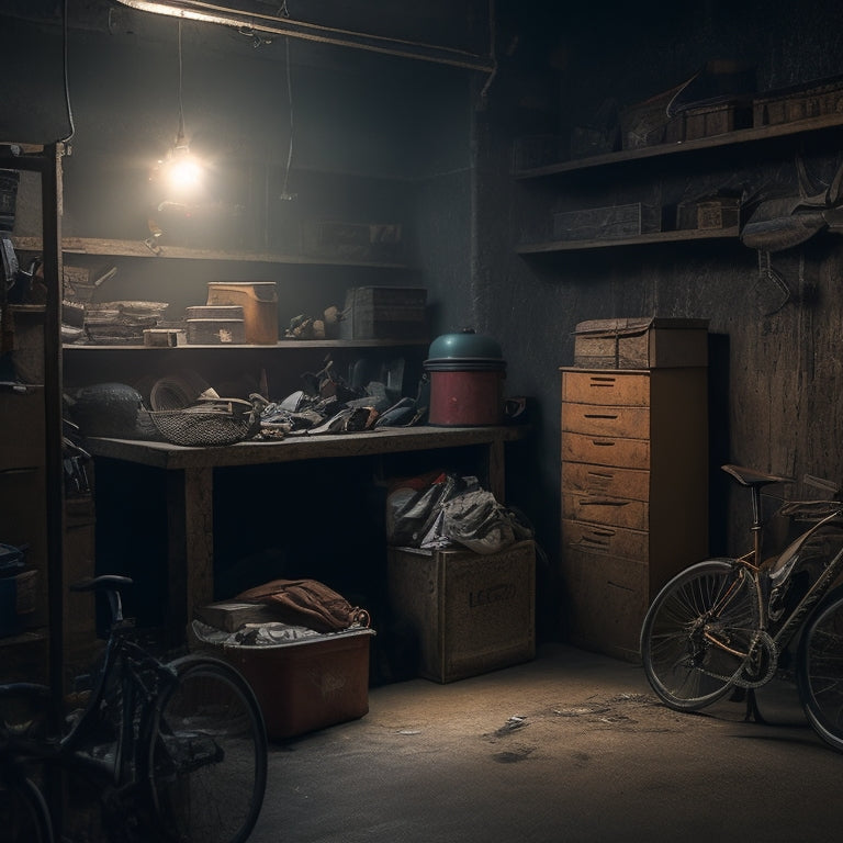 A dimly lit garage with cluttered shelves, rusty tools scattered on the floor, and a bicycle tangled in cobwebs, surrounded by old boxes and forgotten memorabilia, with a faint hint of dust and neglect.