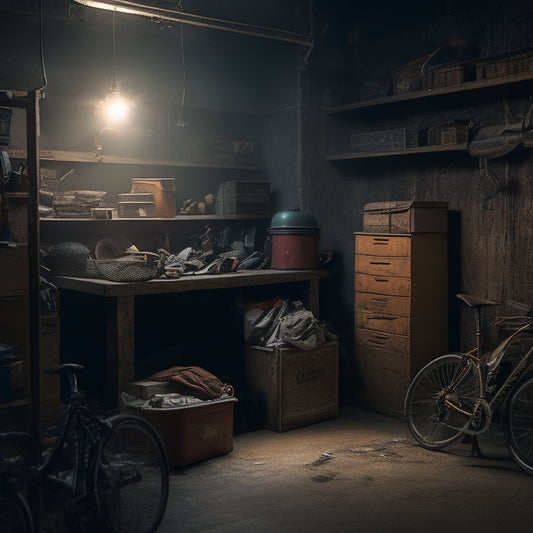 A dimly lit garage with cluttered shelves, rusty tools scattered on the floor, and a bicycle tangled in cobwebs, surrounded by old boxes and forgotten memorabilia, with a faint hint of dust and neglect.