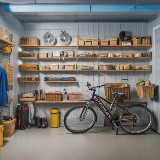 A clutter-free garage with a sleek, silver, wall-mounted shelving system, holding bins and baskets, alongside a row of hanging bikes and a few tools on a magnetic board, lit by soft, overhead LED lights.