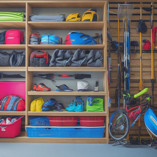 A tidy garage with labeled bins, stacked on shelves, holding summer sports gear like bicycles, kayaks, and life jackets, while winter gear like skis and snowboards are stored on the walls.