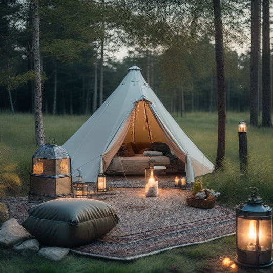 A serene forest glade at dusk, with a luxurious bell tent adorned with string lights, plush rugs, and a comfortable bed, surrounded by lanterns, a crackling fire pit, and a gourmet picnic setup.