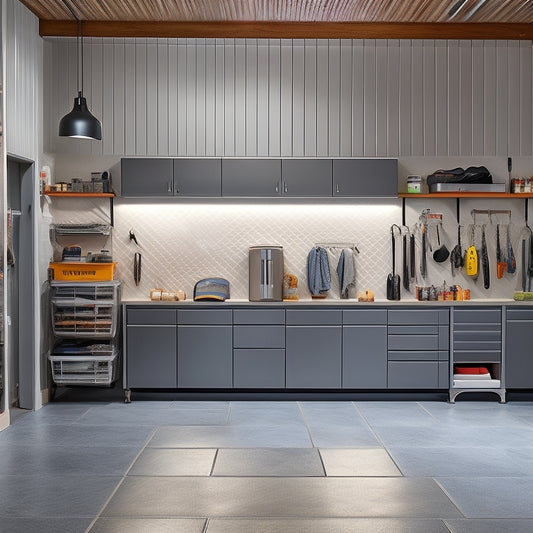 A well-lit, modern garage interior with sleek, gray cabinets, a pegboard with hanging tools, and a slatwall with bins and baskets, surrounded by a polished, epoxy-coated floor and a few strategically-placed hooks.