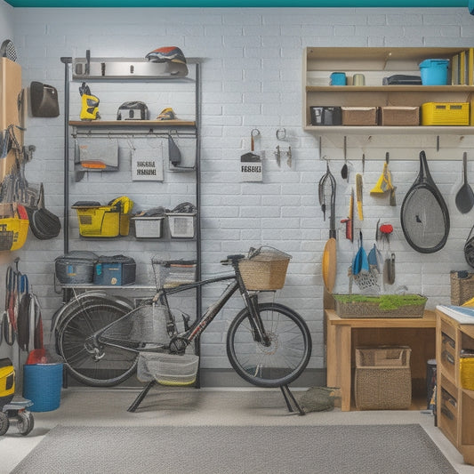 A clutter-free garage with a pegboard adorned with hanging bikes, kayaks, and camping gear, surrounded by labeled bins and baskets, with a sleek workbench and a few well-organized tool chests in the background.