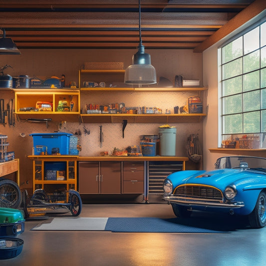 A well-lit, clutter-free garage interior with a sleek, stainless steel pegboard, labeled bins, and a neatly organized workbench, featuring a few strategically placed tools and a vintage sports car in the background.
