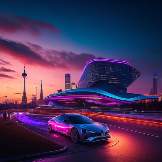 A futuristic, neon-lit cityscape at dusk, with the Hyundai Motorstudio Moscow building's sleek, angular architecture in the foreground, surrounded by swirling abstract digital art projections.