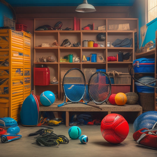 A cluttered garage with scattered sports equipment, including a tangled mess of hockey sticks, a deflated soccer ball, and a broken tennis racket, contrasted with a tidy, organized storage system in the background.