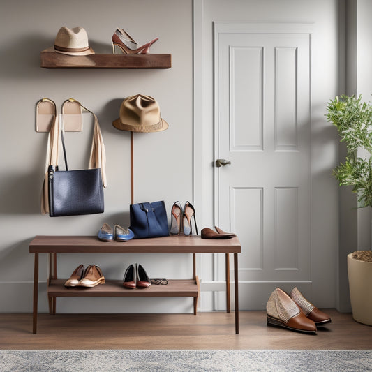 A modern, sleek entryway with a wooden bench featuring a customizable shoe rack with multiple tiers, adorned with a few stylish pairs of shoes, and a few personal accessories like a purse and a hat.
