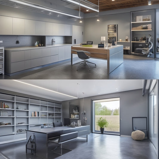 A modern garage with polished concrete floors, sleek metallic cabinets, and a statement light fixture, converted into a multipurpose space with a lounge area, desk, and floor-to-ceiling storage shelves.