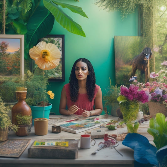 A serene, dreamy illustration of a person surrounded by lush greenery, vibrant flowers, and eclectic DIY decor, with art supplies and handmade crafts scattered around, set against a warm, sunny background.