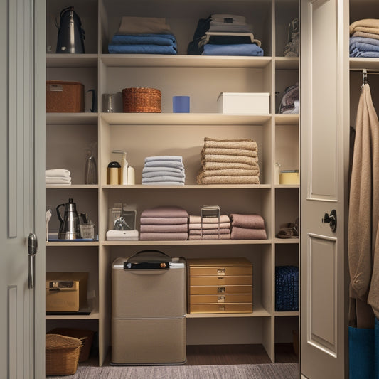 A tidy, well-lit closet with labeled binders and folders on shelves, containing manuals for various household items, such as a vacuum, coffee maker, and washing machine.