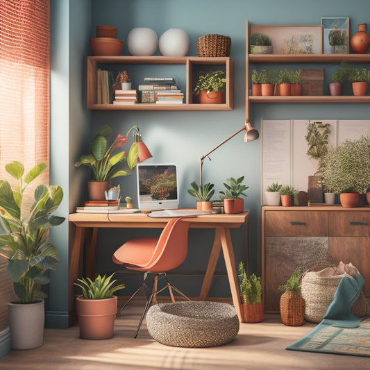A stylized illustration of a tidy home office with a calendar on the wall, a desk with a planner, and a shelf with colorful folders and baskets, surrounded by plants and natural light.