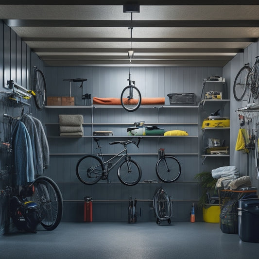 A clutter-free garage with a sleek, silver bicycle suspended from the ceiling, surrounded by neatly organized shelves stacked with camping gear, fishing rods, and sports equipment, illuminated by bright overhead lighting.