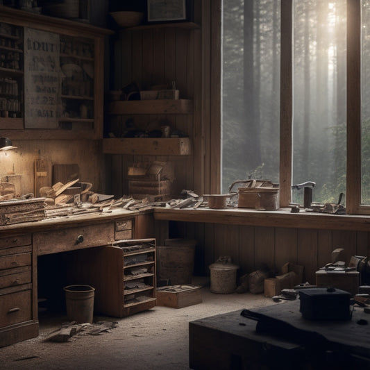 A cluttered workshop with half-finished wooden cabinets, scattered tools, and wood shavings, illuminated by a large window with a blurred forest view in the background.