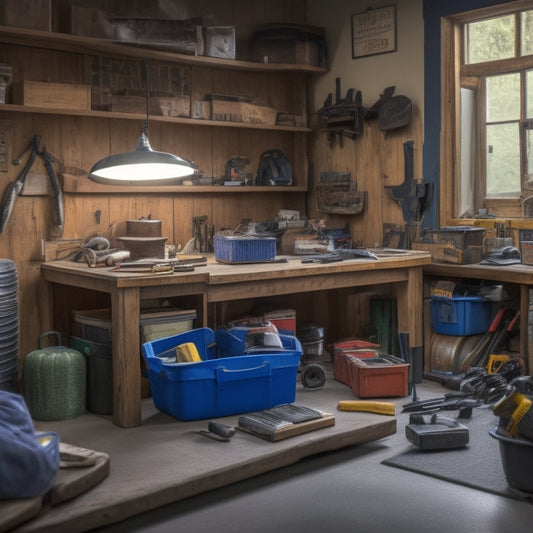 A cluttered garage with scattered tools and boxes in the background, and a tidy iPad on a workbench in the foreground, displaying a organized digital inventory on its screen.