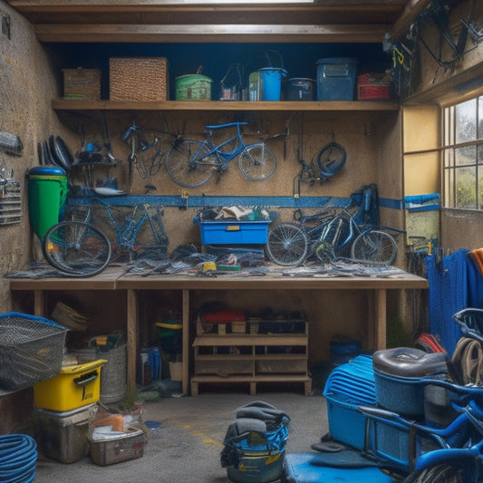 A cluttered garage interior with a messy workbench, scattered tools, and piled boxes, a bicycle hanging precariously from the ceiling, and a surfboard leaning against a wall amidst tangled cords and hoses.