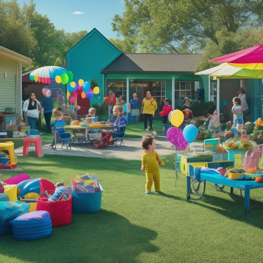 A colorful illustration of a sunny backyard with a bustling garage sale: vibrant tables, overflowing with toys, books, and trinkets, surrounded by happy children and smiling parents, amidst balloons and streamers.