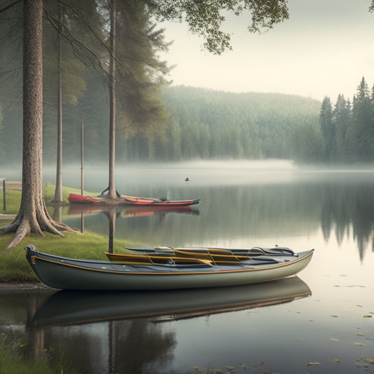 A serene lakeside scene with three kayaks and two canoes, each stored differently: one on a wall-mounted rack, one on a freestanding cart, and the rest on a grassy lawn, with a subtle background of trees and mist.